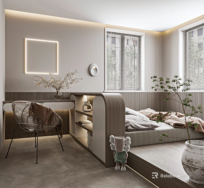 Tatami Bedroom Interior Design With Tatami Bed Windows Lighting And Decorative Plants 3d model 
