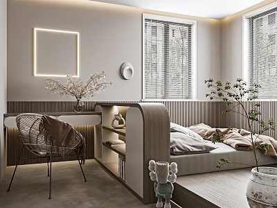 Tatami Bedroom Interior Design With Tatami Bed Windows Lighting And Decorative Plants 3d model