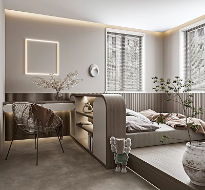 Tatami Bedroom Interior Design With Tatami Bed Windows Lighting And Decorative Plants 3d model
