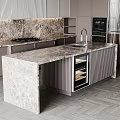 Modern Kitchen Interior Featuring Slatted Cabinets Marble Countertop And Herringbone Floor 3d model