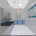 Public Restroom Interior With White Tiles Stainless Steel Sinks Mirrors And Blue Posters