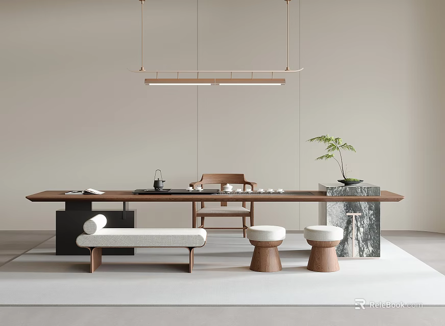 Modern Tea Table and Chairs with Bench Stools Tea Set Green Plant Pendant Light Interior 3d model 