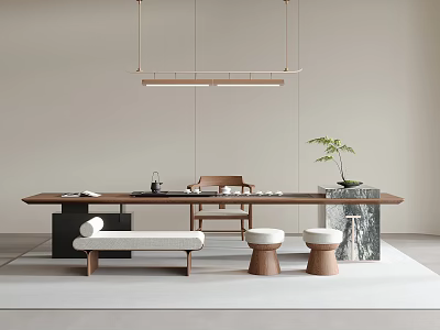 Modern Tea Table and Chairs with Bench Stools Tea Set Green Plant Pendant Light Interior 3d model
