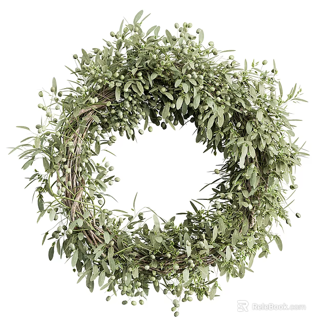 Natural Green Hanging Decor Wreath with Fresh Leaves and Small Berries for Home Decoration 3d model 