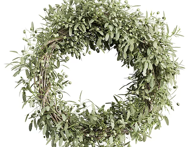 Natural Green Hanging Decor Wreath with Fresh Leaves and Small Berries for Home Decoration 3d model