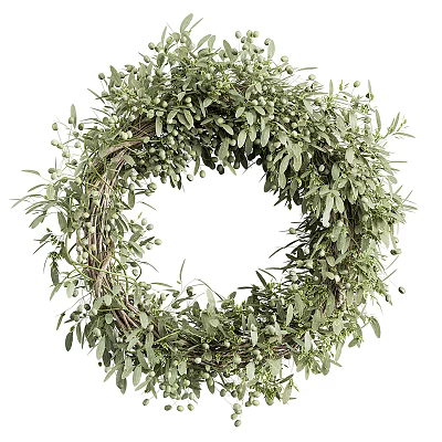 Natural Green Hanging Decor Wreath with Fresh Leaves and Small Berries for Home Decoration 3d model