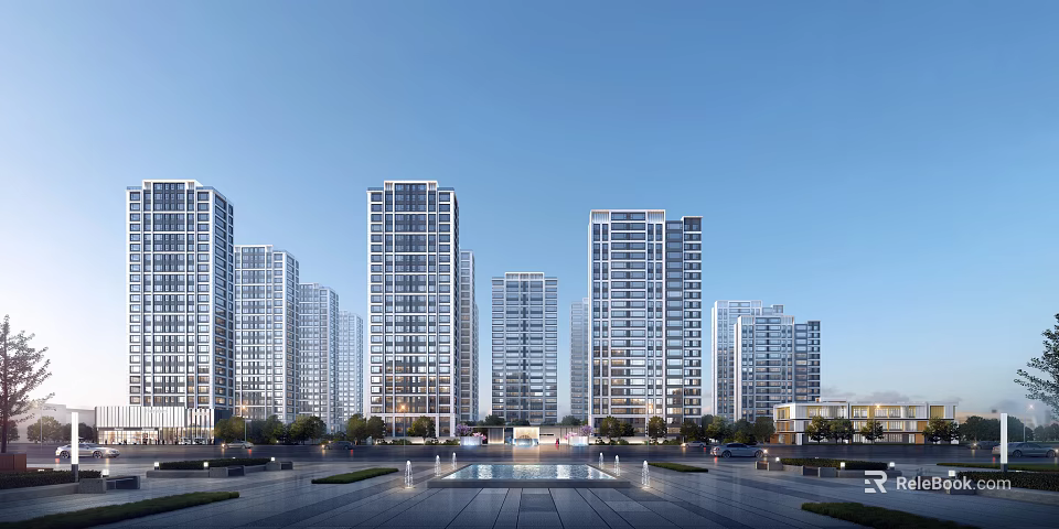 Modern High rise Residential Buildings With Glass Curtain Wall And Blue Sky Square 3d model 