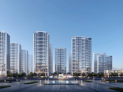 Modern High rise Residential Buildings With Glass Curtain Wall And Blue Sky Square 3d model