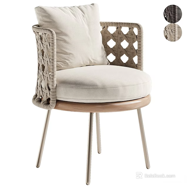 Stylish Single Chair with Woven Backrest White Cushion Wooden Base and Metal Legs 3d model 