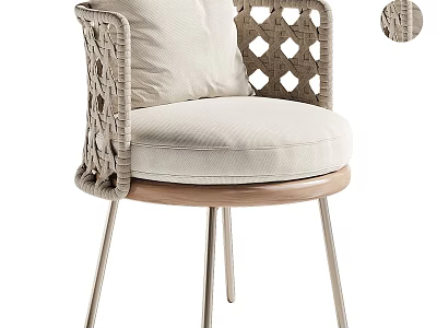 Stylish Single Chair with Woven Backrest White Cushion Wooden Base and Metal Legs 3d model