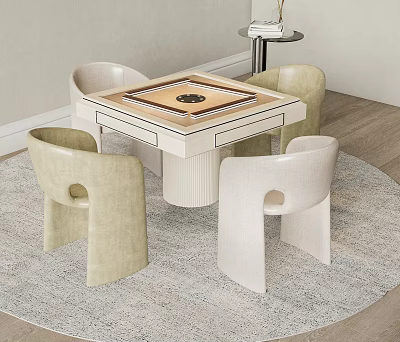 Modern Entertainment Table With Mahjong Tabletop And Four Beige Chairs On Wooden Floor 3d model