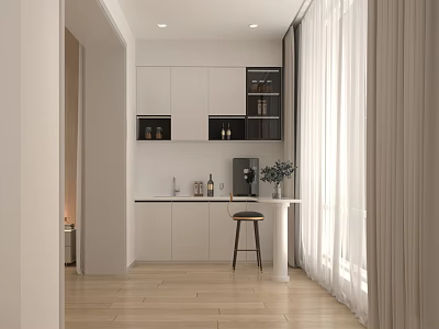 Modern Minimalist Home Balcony With White Cabinets Small Bar Counter Stool And Green Plant 3d model