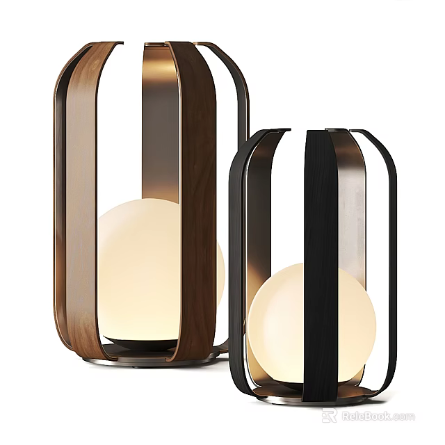 Modern Table Lamps with Wooden and Metal Frames and Round Illuminated Bulbs 3d model 