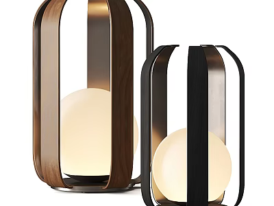 Modern Table Lamps with Wooden and Metal Frames and Round Illuminated Bulbs 3d model