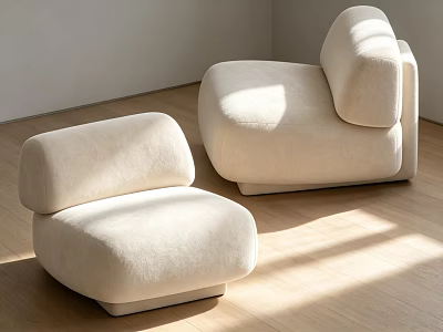 Modern Cream Colored Velvet Lounge Chairs In Minimalist Interior With Sunlight Wooden Floor 3d model