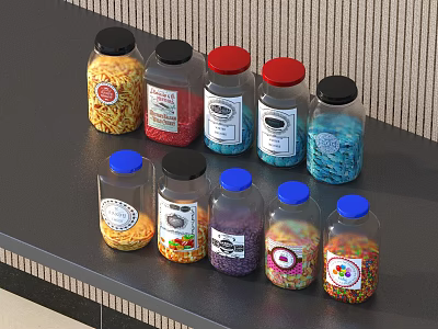 Colorful Food Sprinkles in Glass Bottles with Various Colored Lids on Black Kitchen Countertop 3d model