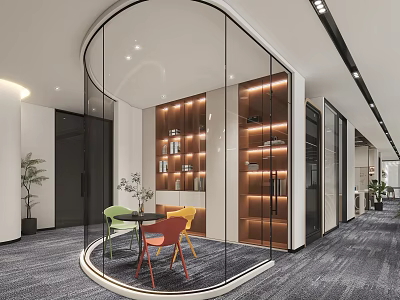 Modern Office Lounge Area With Curved Glass Partition Colorful Chairs Wooden Bookshelves And Lighting Strips 3d model