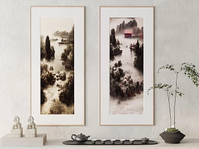 Traditional Chinese Landscape Paintings Featuring Mountains Water Boats With Decorative Statues Tea Tray And Plant 3d model