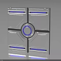 Futuristic Metallic Panel Design With Central Blue Ring And Silver Sections