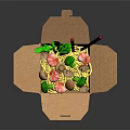 Tasty Noodles in Takeout Noodle Box with Fresh Vegetables and Red Chopsticks