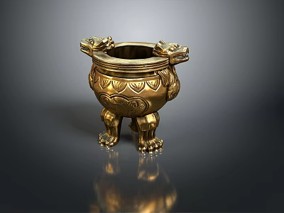 Golden Incense Burner With Dragon Shaped Handles And Animal Legs Design 3d model