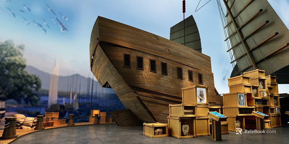 Exhibition Hall Displaying Large Wooden Ship Wooden Boxes And Display Cabinets 3d model 