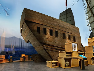Exhibition Hall Displaying Large Wooden Ship Wooden Boxes And Display Cabinets 3d model