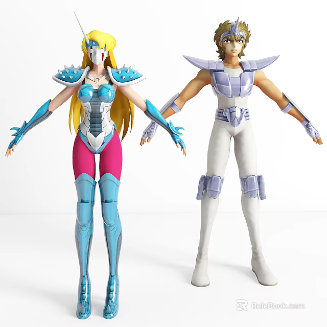 Anime Game Characters 3D Model Design With Blue White Armor And Long Hair 3d model 