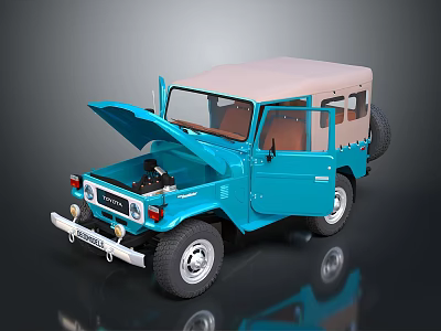 Blue Vintage SUV Toy Model With Open Hood Doors Soft Top And White Rims 3d model