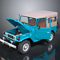Blue Vintage SUV Toy Model With Open Hood Doors Soft Top And White Rims