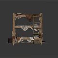 Rustic Wooden Multi Tiered Rack With Animal Hides And Straw Accents Near Small Woven Basket