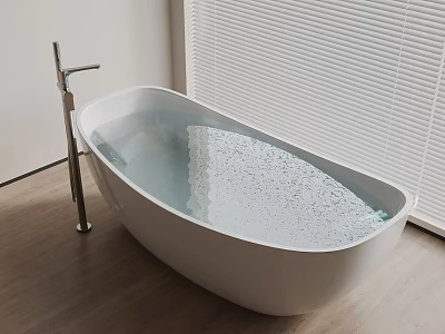 White Freestanding Bathtub With Water And Silver Faucet Near Wooden Floor 3d model