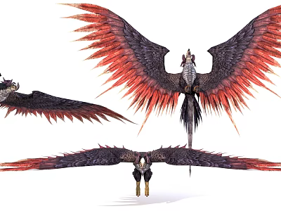 Majestic Mythical Flying Bird With Vibrant Red And Black Feathers Spreading Wings 3d model