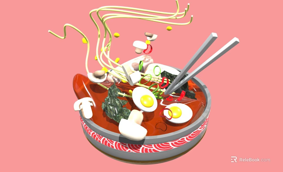 The image provided focuses on a bowl of ramen with noodles eggs vegetables and chopsticks and does not contain any animals so it is impossible to generate an English title with animals as the main subject based on the picture information. 3d model 