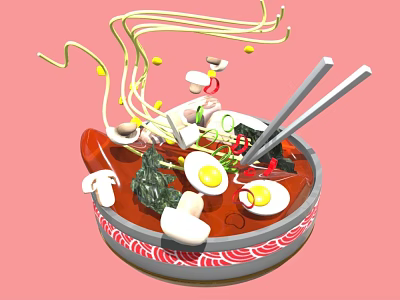 The image provided focuses on a bowl of ramen with noodles eggs vegetables and chopsticks and does not contain any animals so it is impossible to generate an English title with animals as the main subject based on the picture information. 3d model
