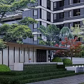 Residential Landscape With Lush Trees Tiled Walkway Trimmed Shrubs And Symmetrical Greenery