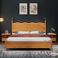 Bedroom Interior Featuring Wooden Bed Dark Wall Paintings Nightstand Vase And City View Curtains