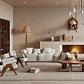 Modern Living Room Interior With Comfy Sofa Fireplace Hanging Lamp And Wooden Coffee Table