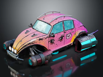Vintage Beetle Style Car With Pink Orange Gradient Worn Texture Modified Wheels And Glowing Accents 3d model
