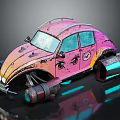 Vintage Beetle Style Car With Pink Orange Gradient Worn Texture Modified Wheels And Glowing Accents