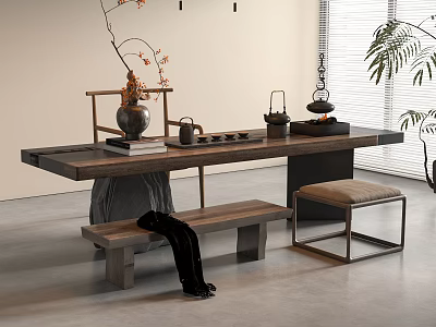 Modern Wooden Tea Table And Chairs Interior With Bench Tea Sets Vase And Potted Plants 3d model