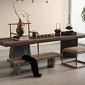 New Chinese Style Log Style Tea Table and Chair Tea Table Screen Partition Bench Vase Tea Set Ornaments 3d model