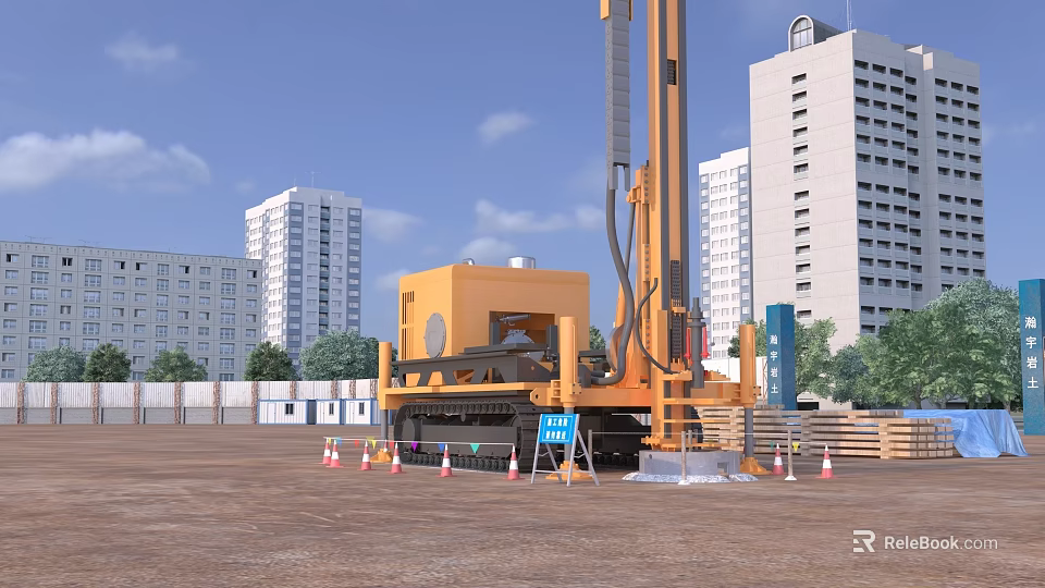 Industrial Drilling Rig At Construction Site With High Rise Buildings Traffic Cones And Blue Signage 3d model 