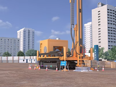 Industrial Drilling Rig At Construction Site With High Rise Buildings Traffic Cones And Blue Signage 3d model