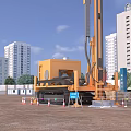 Industrial Drilling Rig At Construction Site With High Rise Buildings Traffic Cones And Blue Signage