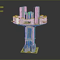 Modern Architectural Design Featuring Central Tower With Surrounding Multi story Buildings And Green Accents
