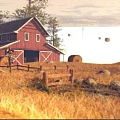 Rural Landscape Featuring Red Barn Golden Wheat Field Hay Bales Wooden Fence And Distant Mountains