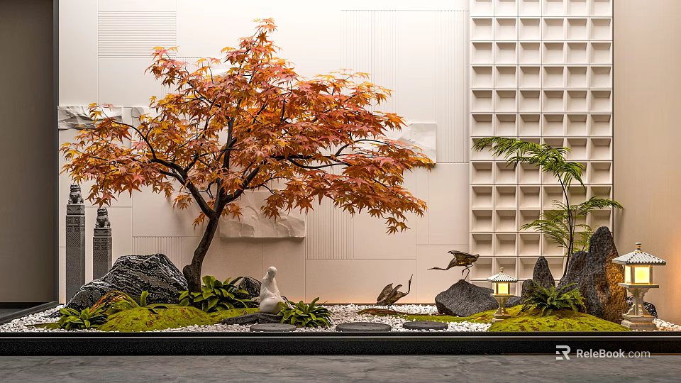 Tranquil Indoor Landscape With Orange Red Leaf Tree White Wall Grid Pattern Stones Crane Sculptures 3d model 
