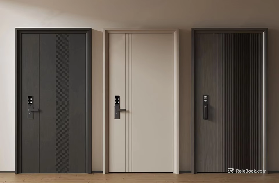 Three Modern Security Doors With Different Colors And Smart Lock Features 3d model 