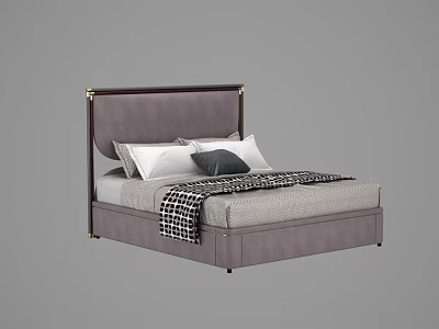 Stylish Double Bed with Upholstered Headboard Metal Accents White Gray Pillows and Plaid Blanket 3d model